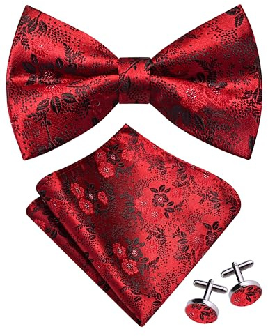 Gusleson Red Bow Tie and Pocket Square Set for Men Black Floral Pre-Tied Bowties Cufflinks for Wedding (UK0493-08)