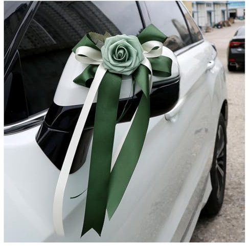 Pmnzdy Fiocco per auto, 2 pezzi, fiore di seta, simulazione, fiocco, decorazione per auto, specchietto retrovisore, per matrimonio, per chiesa, auto, matrimonio, funerale, festa, colore verde