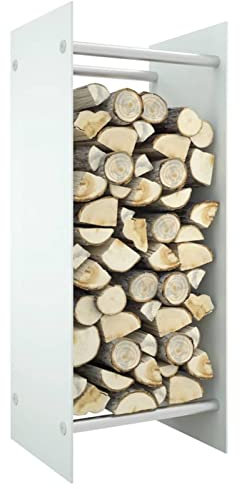 MYVVKIA Kaminholzregal Weiß 40x35x100 cm Hartglas, Kaminholzregal, Brennholzlagerregal, Kaminholzregal, Belüftungs-Holzlagerhalter aus Metall für den Außen- oder Innenbereich, Ho