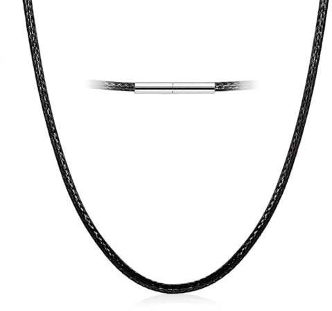 Chaîne Collier Homme Noir Cordon de Cire Imperméable, 1.5/2/3/4mm Chaîne en cuir véritable Noire Épaisseur avec fermoir mousqueton en acier inoxydable - Longueur 46-66cm
