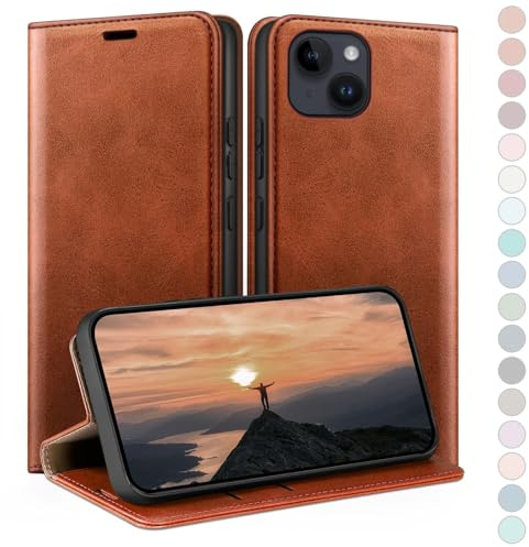 HUOUH für iPhone 14 6.1 Hülle mit RFID Schutzhülle aus Lederhülle Handyhülle,Kartenfach Leder ständer Handy hülle,360 Grad Schutz Cover für Apple 14 Klapphülle Wallet Case Hellbraun