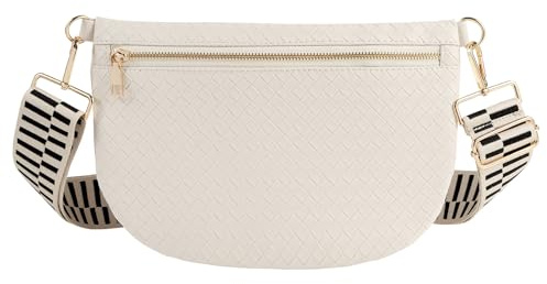 Woven Crossbody Bags for Women Leather Belt Bum Sling Purse Fanny Waist Pack Chest Shoulder Bag for Women-Cream