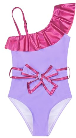 Jxstar Girls One Piece Swimsuit Metallic Ruffle Bathing Suit One Shoulder Swimwear with Decorative Waist Tie & Headband, 10-11Y