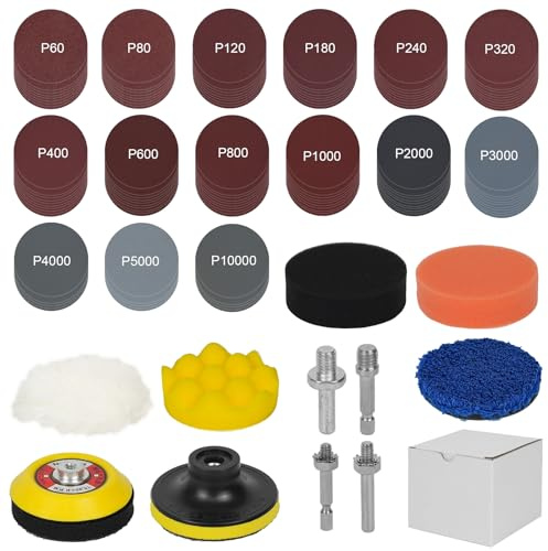 TWUROTI 142pcs 3 Inch Sanding Discs Pad Kit, Grit 60-10000 Dry Wet Sandpaper with 5 Soft Sanding Sponges Sander and 1/8&1/4 Shanks Backer Plate, Drill Sanding Attachment for Car Metal Wood Jewelry