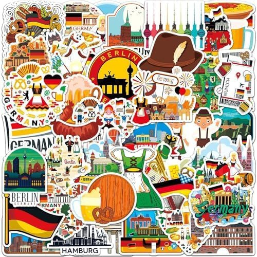 Deutschland Aufkleber, 50 Stück Vinyl Reise Sticker | Vinyl 50 Stück 4 bis 8 cm, Wasserdicht Sonnenschutz, Deutschland Sticker ohne Rückstände, für Laptop und Skateboard