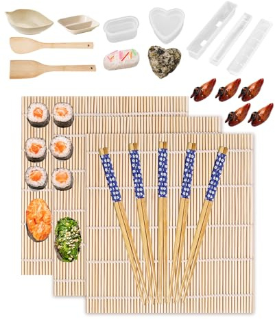 Katyjun Sushi Set Zum Selber Machen, Sushi Maker Set mit 3 Bambusmatte& 4 Onigiri-formen-5 Paar Essstäbchen,5 Essstäbchenhalter, 2 Pfannenwender, 2 Schüsseln und Teller