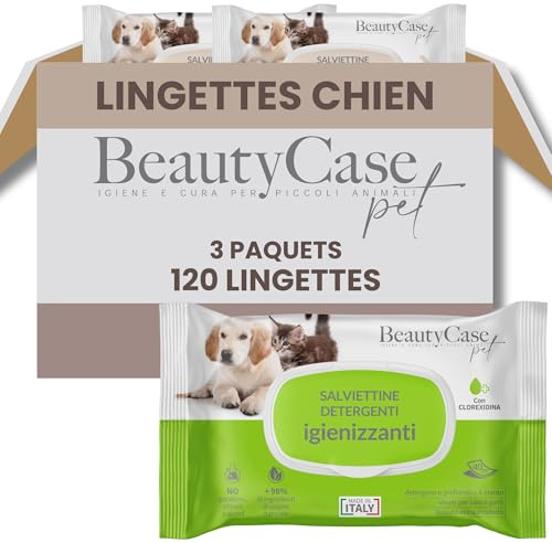 Beauty Case Lingettes Nettoyantes Chien 120 pcs (3x40) - Lingettes pour Chien, Chiot et Chat - Extra Large 20x30cm à la Chlorhexidine - Corps et Pattes