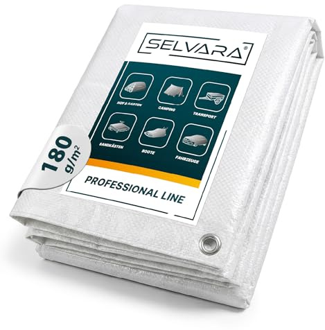 Selvara Telo Impermeabile Esterno 180 g/m² - 12m x 6m Telone Occhiellato | Pro Line Telo Impermeabile Bianco PVC, Resistente ai Raggi UV e Agli Strappi, Telone Multifunzionale per la Protezione