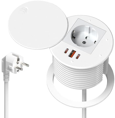 Enchufe empotrable con 2 USB-C PD 35W, Ø80 mm, Blanco | Regleta empotrable con 1 toma, 3 USB y USB-A QC30W, tapa giratoria antipolvo, cable 1,8 m, escritorio y cocina