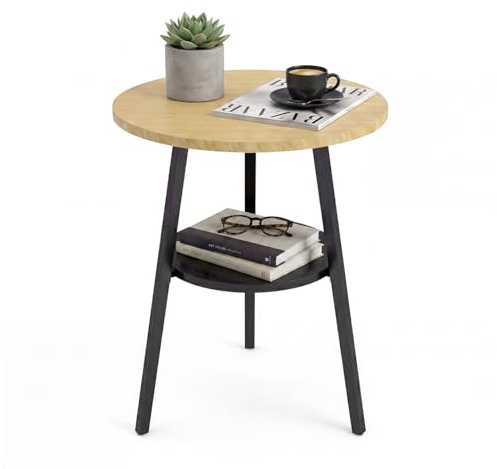 Beistelltisch Rund Eiche, Couchtisch 2 Etagen, Beistelltisch Couch | Runder Holz Beistelltisch, Eiche Vintage Stil, für Wohnzimmer & Schlafzimmer, kleine Räume, einfache Montage