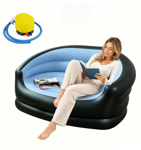 Yunlaishaocer Uppblåsbar soffa, uppblåsbar soffa med fotpump, bärbar campingsoffa, uppblåsbar, vattentät soffa, uppblåsbar för utomhus- inomhus, pool (2-sits-blå)