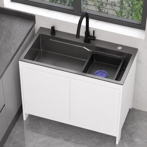 Mobile Lavello da Cucina e Esterno Giardino, Lavello Autoportante in Acciaio Inossidabile con Mobiletto in Alluminio, Vasca Singola Grigio Antracite, Dispenser Sapone e Tubo di Scarico 80cm