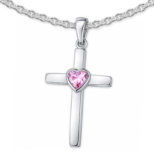 CLEVER SCHMUCK Kreuzkette für Mädchen Silberkeuz 22 mm Herz Zirkonia rosa + Erbskette 40 cm Sterling Silber 925 Geschenk zur Konfirmation im Etui rosa