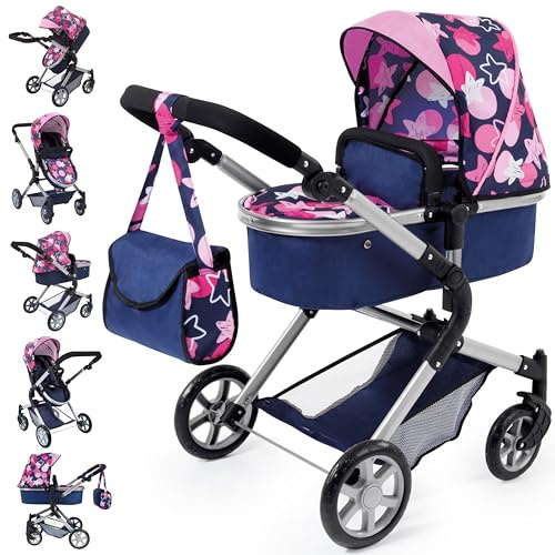 Bayer Design 18169AA Passeggino/Carrozzina per Bambola, regolabile in altezza, pieghevole, blu con motivo a stella