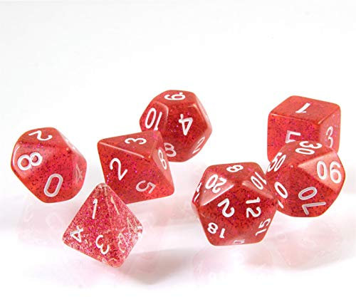 7 polyedrische Glitzer Würfel für Rollen- und Tabletopspiele in rot mit Beutel