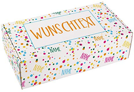 Herz & Heim® Konfetti Geschenkkiste zum Geburtstag mit Ihrem Wunschnamenn und Glückwunschtext bedruckt