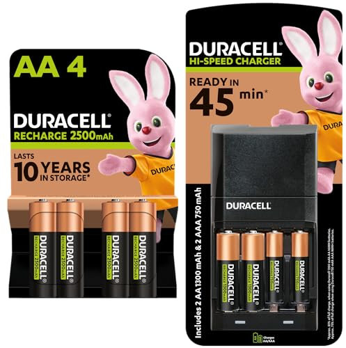 Duracell - Rechargeable AA 2500mAh , 4 Batterie Stilo Ricaricabili con Caricatore da 45 minuti (6 Batterie Stilo + 2 Ministilo ricaricabili Incluse)