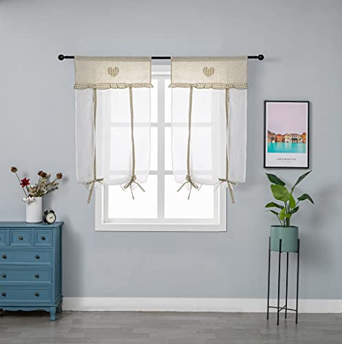 GIRASOLE HOME Coppia Tende Bianche in Lino-Cotone-Poliestere con Ricamo Cuore Beige Tenda Stile Shabby Chic 2 Pannelli con Tasca (Beige, 60_x_150cm)