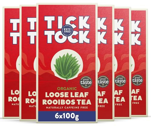 Tick Tock Organic Rooibos Loose Leaf Tea - Caffeine-Free Herbal Redbush, Pack of 6 x 100g, Naturally Sweet and Biodegradable for Wellbeing and Relaxation