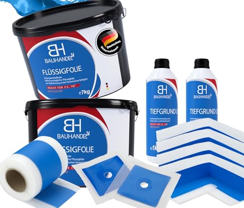 Bauhandel24-14kg Flüssigfolie Bad, 10m Dichtband Set, 4 Innenecken Dusche, 2 Manschetten, 2kg Voranstrich Abdichtung