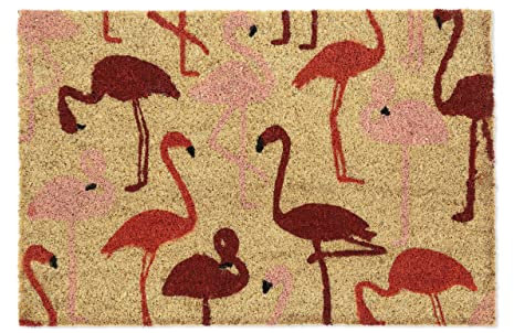 Relaxdays Fußmatte Kokos, Türvorleger mit Flamingos, 40 x 60 cm, rutschfest, Fußabtreter für innen & außen, Natur/rot