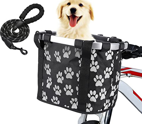 ENASGLOO Detachable Bike Basket, Dog Cat Bicycle Handlebar Front Bag Pet Carrier with 5 FT Dog Leash for Cycling, Shopping, Picnic, and Outdoor (Black 2)