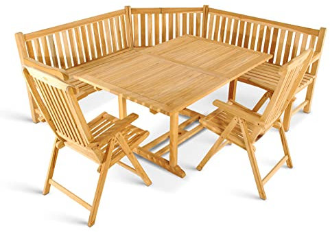 SAM 4tlg. Gartengruppe Kuba, Teakholz massiv, Garten-Set bestehend aus 1x Gartentisch 180-240 x 100 cm, 2X Hochlehner Aruba, 1x Eckbank, für Terrasse, Wintergarten & Garten