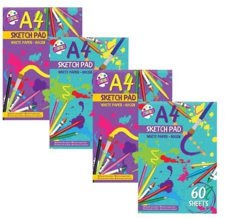 A4 Drawing Pad 4 Packs | 60 Sheets Each of 80gsm Thick White Paper | 240 Sheets in Total | Sketch Books for Children and Adults