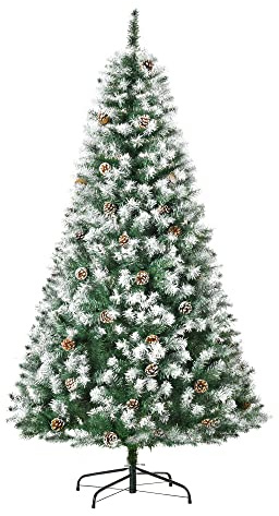 HOMCOM Árbol de Navidad Artificial 180 cm con Nieve con 800 Ramas 61 Piñas Hojas de Plástico Base de Soporte Metálica y Plegable Decoración Navideña para Interiores Verde