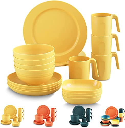 Kyraton Plastic Dinnerware Sets of 20 Pieces, Unbreakable And Reusable Light Weight Plates Mugs Bowls Dishes Easy to Carry And Clean Microwave Safe BPA Free Service For 4 Dishwasher Safe (Gold Yellow)