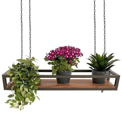 yelloo - Deckenregal mit Ketten, ideal als Blumenregal, Pflanzen für drinnen und draußen, klassisches und elegantes Design für Haus, Garten, Balkon (FLOWERS 95 cm, braun/nussbaum)