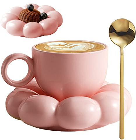 Keramik Kaffeetasse mit Löffel Reise Sonnenblumen Cloud Tasse mit Untertasse 200 ml Nachmittag Tea Tasse Kaffeetasse Geschenkset für Latte, Cappuccino Pink