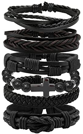 MILAKOO Black Leather Bracelets for Men with Lava Rock Stretch Wristband Stainless Steel Cross Beads