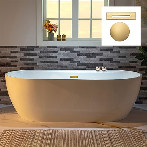 WOODBRIDGE 72 Acrylic Freestanding Bathtub Contemporary Soaking White Tub with Brushed Gold Overflow and Drain,B0059-BG