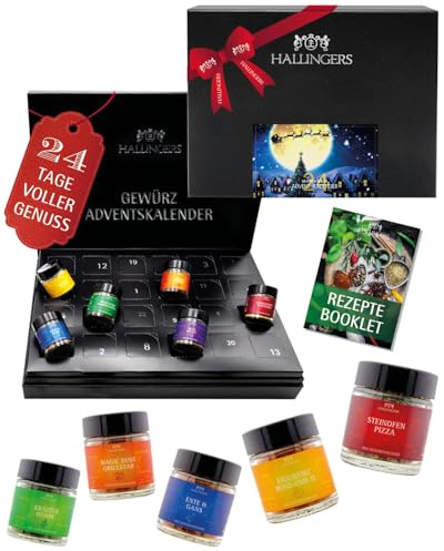 Hallingers Genuss Manufaktur Gewürz Adventskalender - 24 Gewürze aus aller Welt in edler Box mit Rezept-Booklet Magische Reise, Weihnachtskalender für Frauen Männer