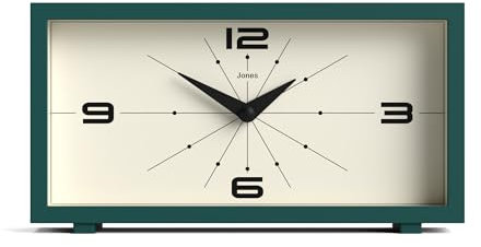 JONES CLOCKS® Odeon desk clock | Modern rectangular design | Green | Stylish retro look for shelf, table, mantel or bedside