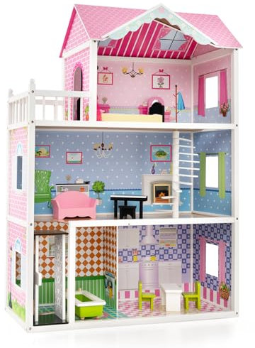 COSTWAY Puppenhaus Holz, Puppenstube mit Möbeln & Zubehör, 3 stöckiges Dollhouse Spielzeug, Puppenvilla 114 cm hoch, für Kinder ab 3 Jahren