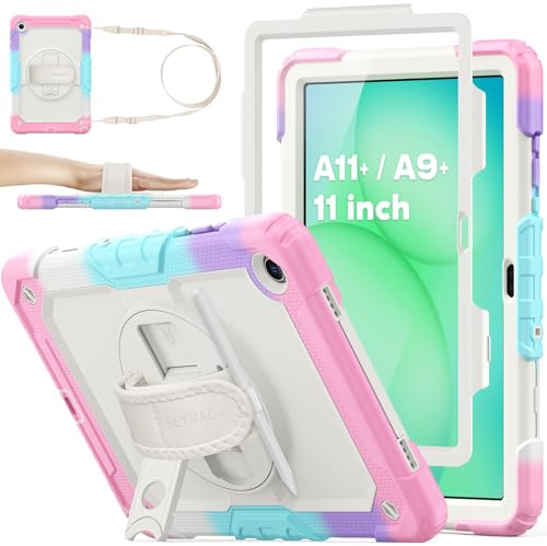 SEYMAC stock Case for Samsung Galaxy Tab A11+ Plus / A9+ 11'', Pink+Beige | Full Body Shockproof, with Screen Protector, 360° Rotating & Adjustable Stand/Hand Strap, Pen Holder, Shoulder Strap
