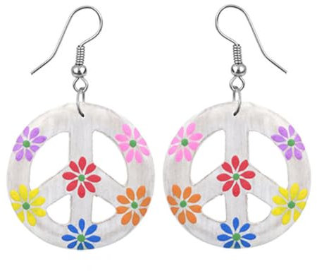 CHICNET Damen Holzohrringe Regenbogen Frieden bunt Blumen Perlen Ohrringe Holz Edelstahl Ohrhänger Damen Bio-Narraholz Ohrring weiß mit Blumen