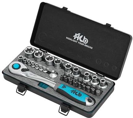 HB AKM016-G Juego Carraca Offset 120 Dientes 36 Piezas 1/2 Llaves E-Torx CR-V & S2 | Set de Vasos Profesionales Mecánico Automoción Taller Bricolaje | Maletín Metálico con EVA – Hecho en Taiwán
