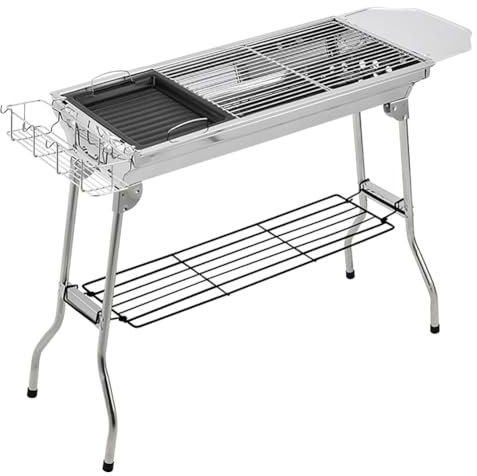 TT-YEC Großer Edelstahl-Holzkohlegrill, Faltbare Tragbare Außenküche Mit Edelstahlgrillnetz, Lagerregal, Aschefänger, Multifunktionsgrill Mit Großer Kapazität