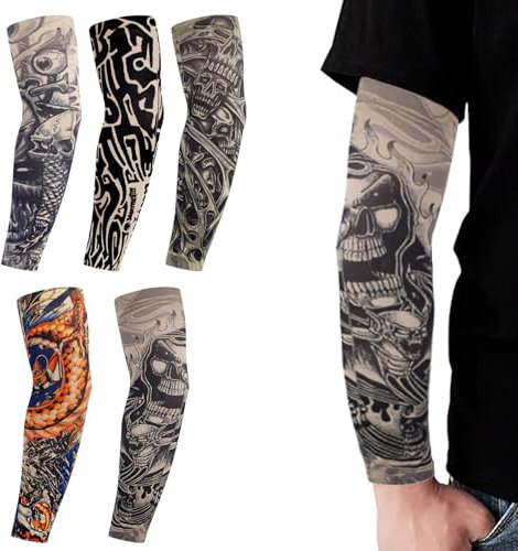 ZEACCT 5er-Pack Tattoo-Ärmel für Männer, Fake-Tattoo-Arm-Ärmel, Coole Tattoo-Arm-Ärmel, Basketball-Sonnenschutz-Ärmel, Arm-Tattoo-Ärmel, Geeignet für Männer und Frauen, Outdoor-Sport, Radfahren