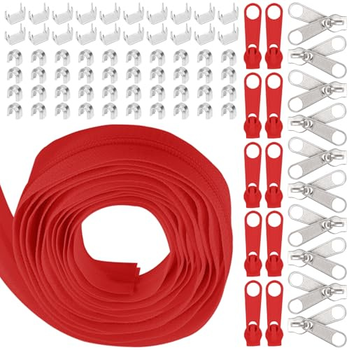 Swpeet 1 rull, 10 m, #5, röd nylondragkedja, dragkedja, remsa med 20 st, matchande dragkedja, sliders set med dragkedja, dragkedja, dragkedja, dragkedja, rulle, ändlös dragkedja, set med dubbla