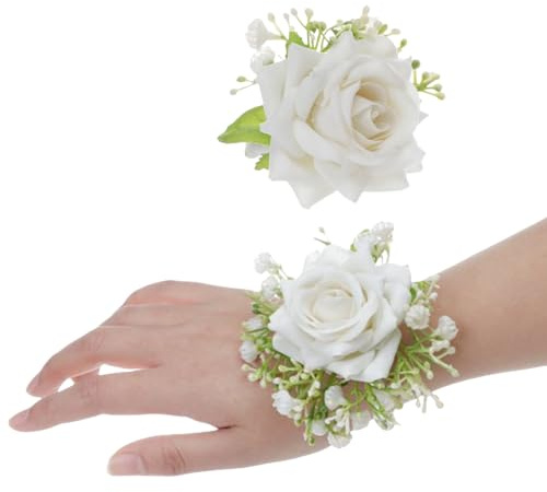 Ansteckblumen- und Ansteckblumen-Set, künstliche Rosen, Handgelenk-Anstecknadel, für Hochzeit, Braut, Brautjungfer, Handgelenk, Corsage, Ball-Dekoration (weiß), 2 Stück