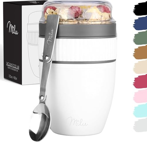 Milu Pot de céréales à emporter 400ml I Pot de yaourt en plastique pour les céréales I anti-fuite avec cuillère pour le yaourt/porridge (Blanc)