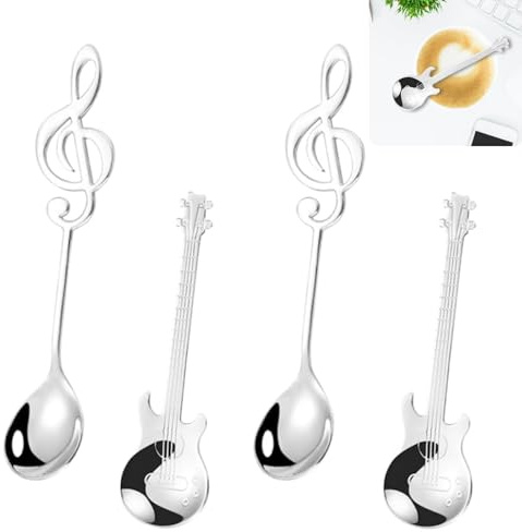 Ryvera Easter Gifts for Men, 4Pcs Guitar Coffee Teaspoons, Tea Spoons Stainless Steel Spoon Musical Coffee Spoons Set, Guitar Gifts for Man Cute Tea Spoons Set Coffee/Ice Cream/Dessert/Sugar Spoon
