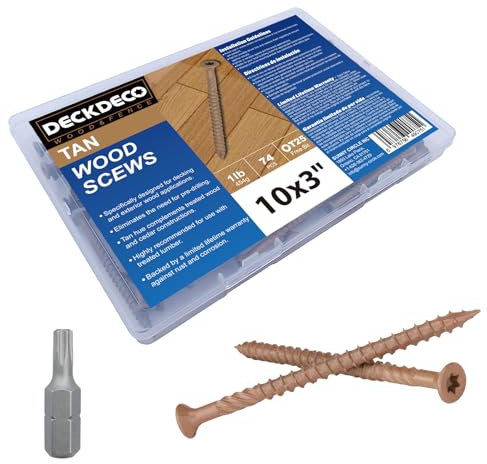 DECK DECO Wood Screws #10 x 3 68pcs(Approx), Tan Ruspert Coating Exterior Deck Screws, Torx/Star Drive Flat Head,Twist Shank, Cut Tip/Thread, Bit Included, 1 lb/Box