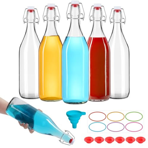 EkkoVla 6 Pack 1 Liter Swing Top Glass Bottles, 32 oz Flip Top Brewing Bottles with Airtight Rubber Seal Flip Caps for Kombucha, Beverages, Oil, Beer, Kefir, Vinegar, Wine