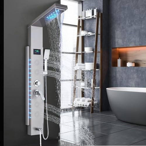 Hevenaov Panel de ducha LED de acero inoxidable, 5 modos, con boquilla de masaje, lluvia, cascada, ducha de mano, entrada de bañera, níquel cepillado, panel de ducha de pared