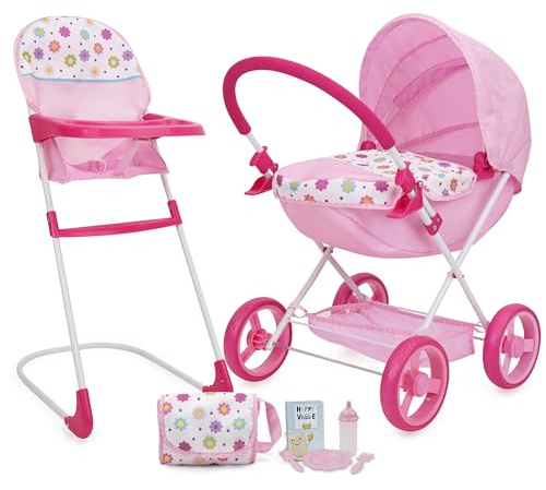509 Crew Doll Pram n Feed 8 Piece Combo Play Set, Classic Doll Pram, Doll High Chair, Diaper Bag, 5 Piece Feeding Toys, for Dolls 46cm, Pretend Play for Kids Ages 3+